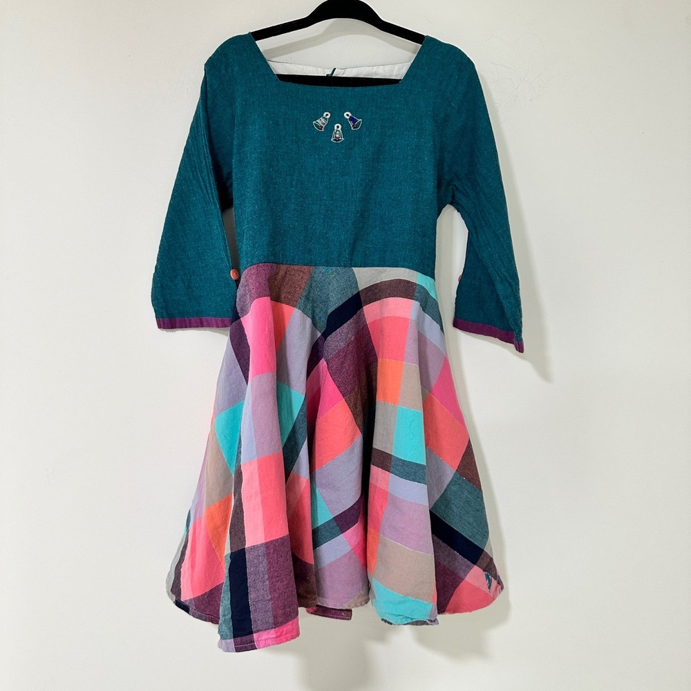 Well Dressed Wolf Silver Jingle Bells Embroidered Plaid Dress Girls Size 5 Teal